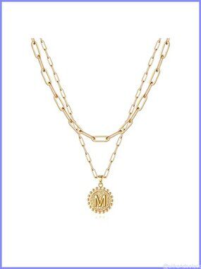 Layered Initial Paperclip Chain Necklace 14k Gold-Plated